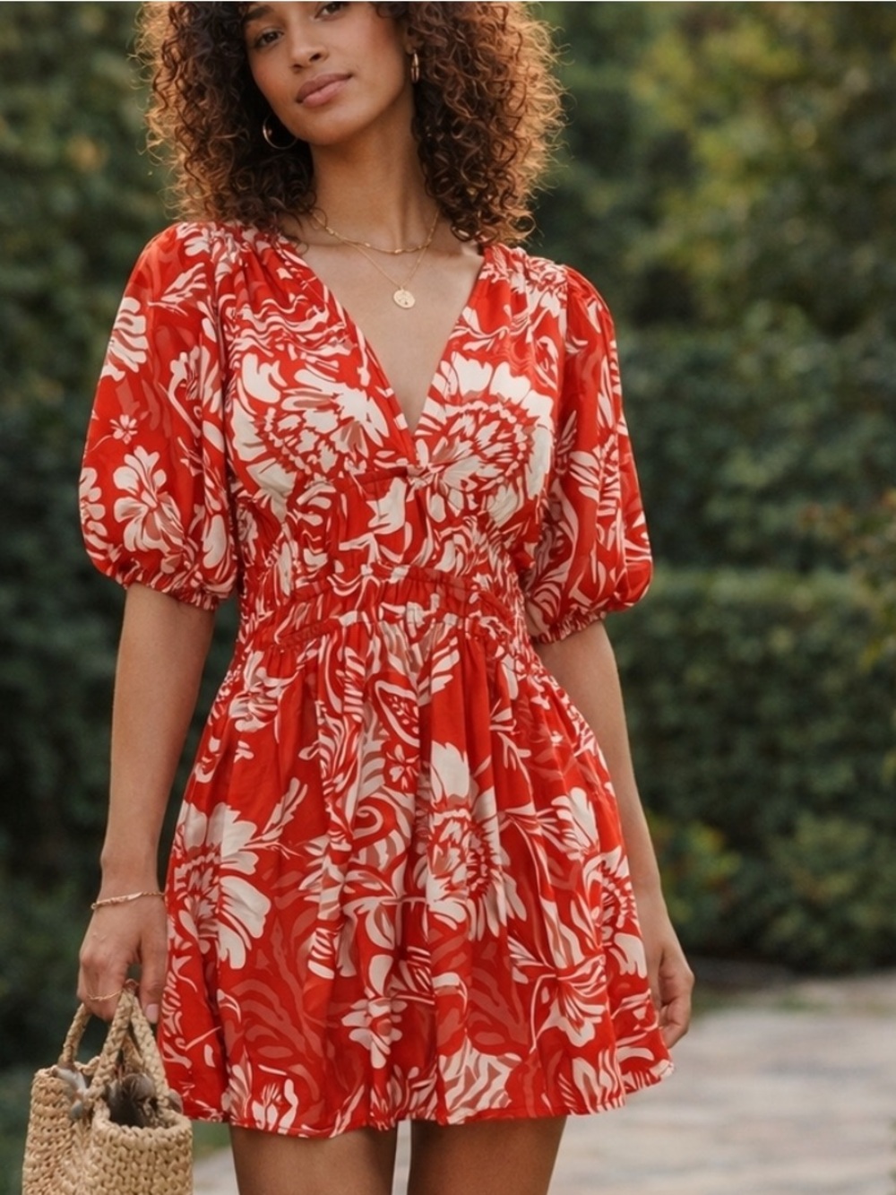 Abel The Label Red Floral V Neck Smocked Mini Dress Puff Sleeve Tropical Size S